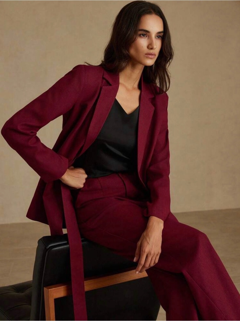 Tailored Wine-Red Women's Suit with Waist Tie